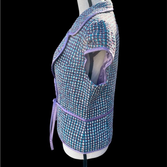 Boston Proper 100% Silk Tweed Jacket Womens 6 Blue Purple Broach cap sleeves - Picture 2 of 7